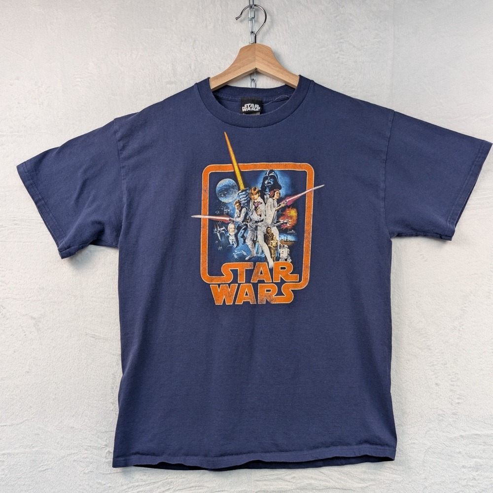 VTG Star Wars T-Shirt Men's Large Navy Blue Movie Poster Sci-Fi Streetwear Y2K